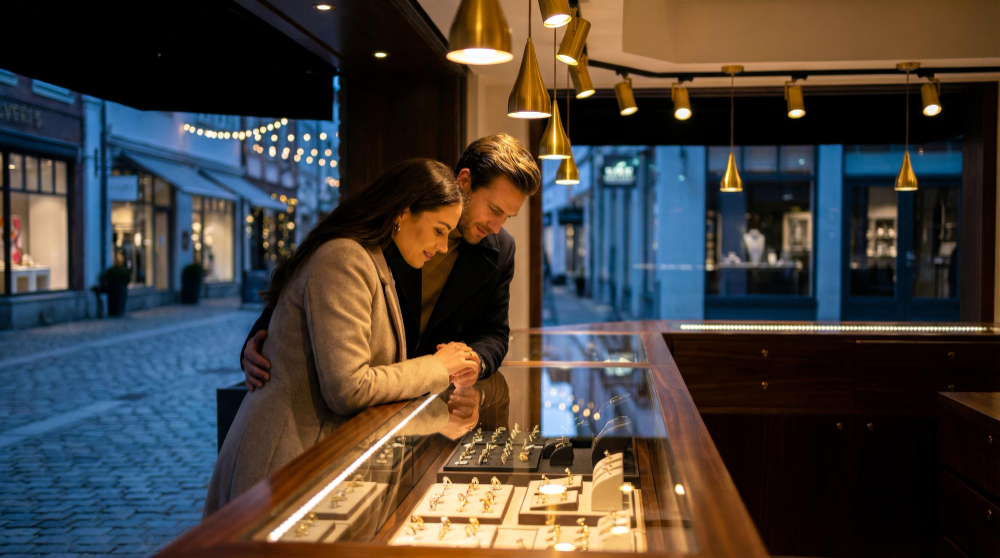 Paar betrachtet Goldschmuck im beleuchteten Schaufenster eines Frankfurter Juweliers